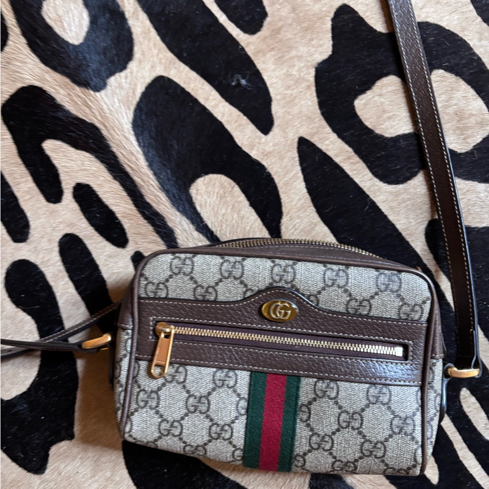 Gucci Brown and Beige Crossbody Bag with Green and Red Stripe